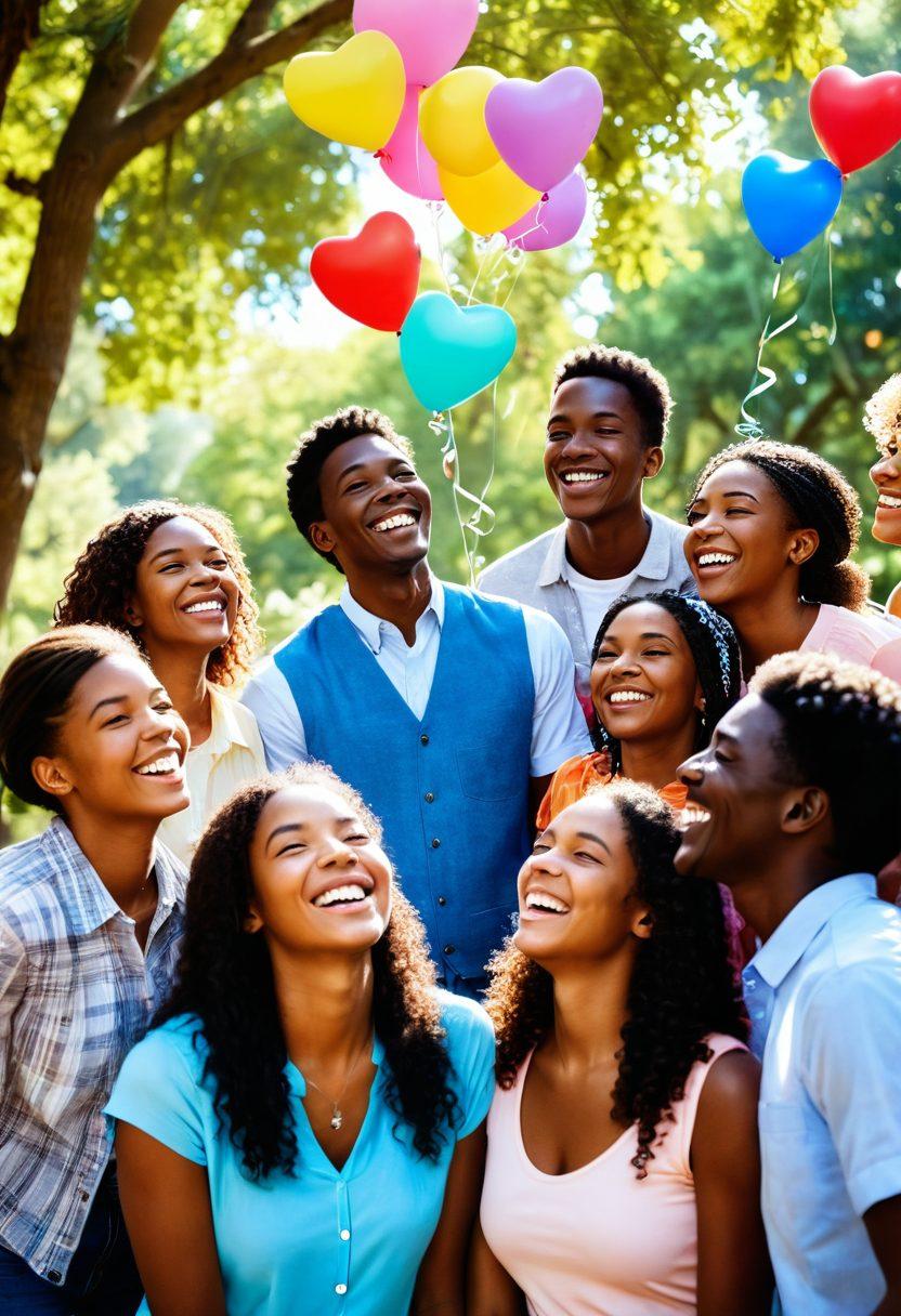 A diverse group of cheerful individuals gathered in a sunlit park, exchanging smiles and laughter, surrounded by blooming flowers and butterflies, illustrating the power of a supportive community. Soft sunlight filters through the trees, casting warm glows on their faces, symbolizing positivity and connection. Include elements like colorful heart-shaped balloons floating in the air. vibrant colors. super-realistic.