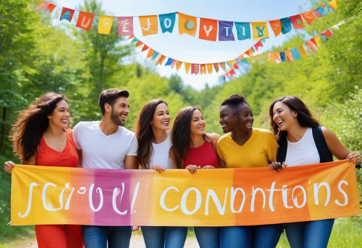 A warm, inviting scene depicting diverse people joyfully connecting in a vibrant community setting. Laughter and smiles abound as they share experiences, embodying the essence of happiness and togetherness. Colorful banners with the words 'Joyful Connections' float in the background, surrounded by nature. Emphasize a sense of harmony, love, and positivity. super-realistic. vibrant colors. white background.